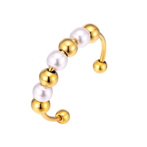 Vinger Ring in edelstaal, 304 roestvrij staal, met Plastic Pearl, plated, voor vrouw, gouden, Maat:7, Verkocht door PC