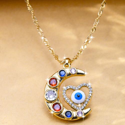 Evil Eye smykker halskæde, Messing, med Cubic Zirconia, Moon, guldfarve belagt, mode smykker & Unisex & emalje, blandede farver, nikkel, bly & cadmium fri, Længde Ca. 44 cm, Solgt af PC