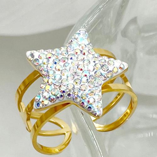 Rostfritt stål Rhinestone Fingerringar, 304 rostfritt stål, med rhinestone lera bana, Star, mode smycken & för kvinna, blandade färger, 18mm, Innerdiameter:Ca 22mm, Säljs av PC