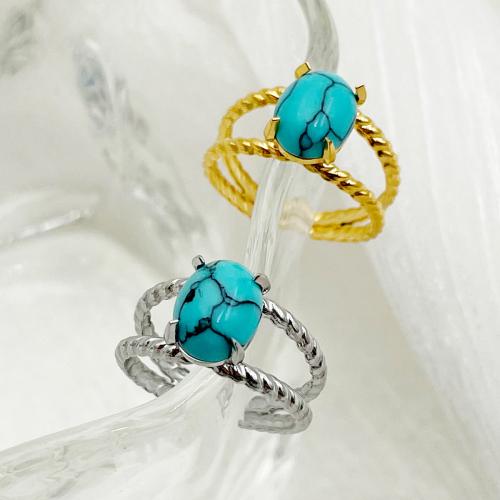 Bague en acier inoxydable, Acier inoxydable 304, avec Turquoise bleu synthétique, ovale, bijoux de mode & pour femme, plus de couleurs à choisir, 10mm, Diamètre intérieur:Environ 20mm, Vendu par PC