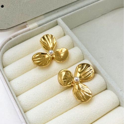 Roestvrij staal Stud Earrings, 304 roestvrij staal, met Plastic Pearl, Bloem, mode sieraden & voor vrouw, gouden, 27x27mm, Verkocht door pair