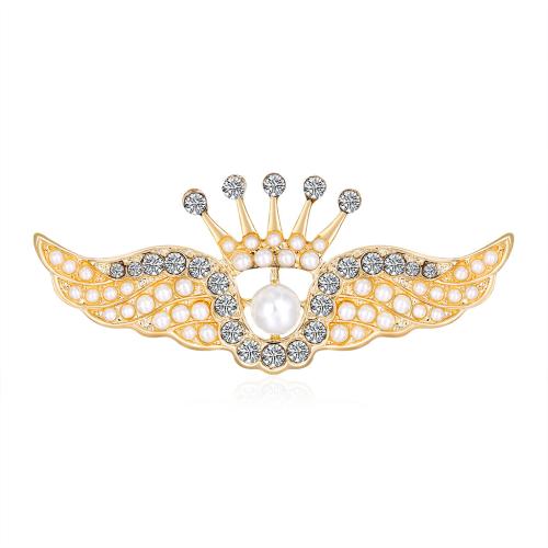 Zinklegering broches, Zinc Alloy, met Plastic Pearl, Angel Wing, mode sieraden & voor vrouw & met strass, goud, 64x27mm, Verkocht door PC