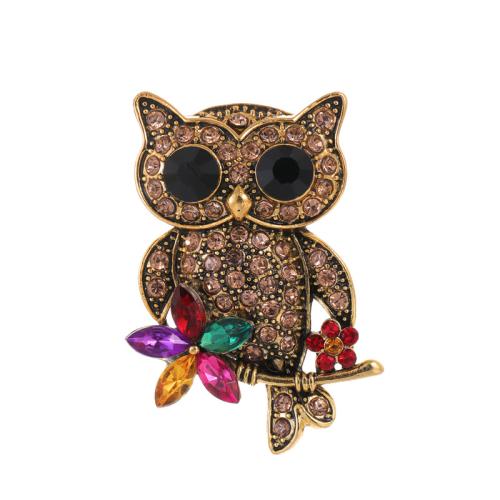 Broches en alliage de zinc, hibou, bijoux de mode & unisexe & avec strass, couleur or antique, 45x32mm, Vendu par PC