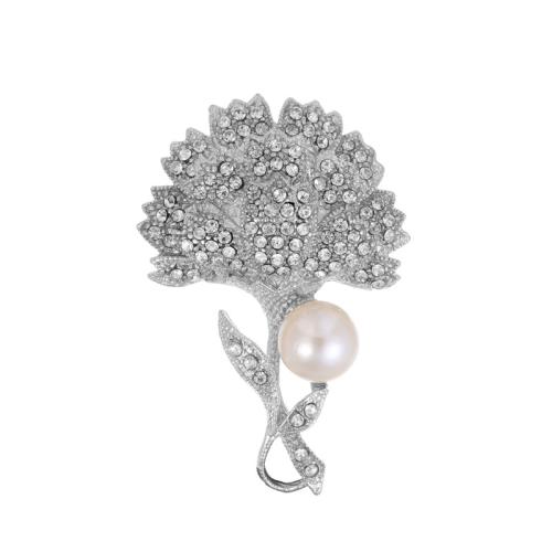 Zinklegering broches, Zinc Alloy, met Plastic Pearl, Bloem, mode sieraden & uniseks & met strass, platina kleur, 57x39mm, Verkocht door PC