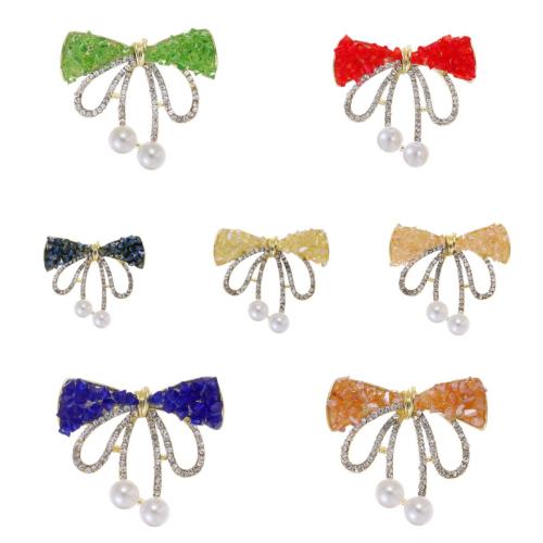 Zinc Alloy Brocher, med Plastic Pearl & Akryl, Bowknot, KC guldfarve belagt, mode smykker & Unisex & med rhinestone, flere farver til valg, 36x33mm, Solgt af PC