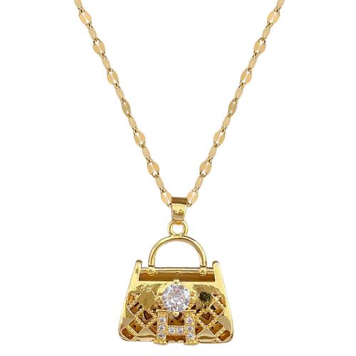 Titanium Staal Halsketting, met Messing, met 2inch extender keten, Handtas, gold plated, micro pave zirconia & voor vrouw, Lengte Ca 15.7 inch, Verkocht door PC