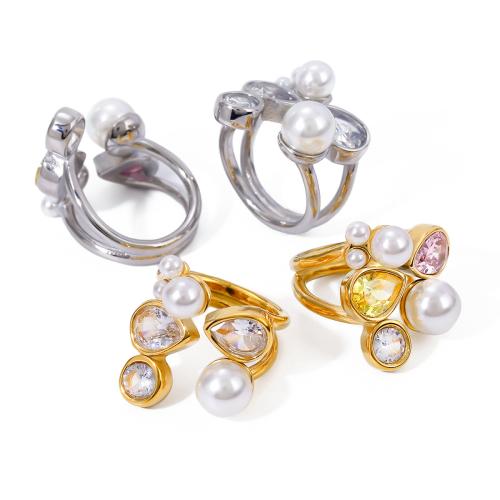 Zirkoon roestvrij staal vinger ring, 304 roestvrij staal, met Plastic Pearl, mode sieraden & micro pave zirconia & voor vrouw, meer kleuren voor de keuze, Verkocht door PC