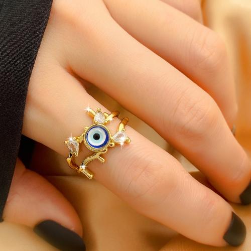 Evil Eye ékszer Finger Ring, Sárgaréz, -val Cubic cirkónium, arany színű aranyozott, divat ékszerek & egynemű & zománc, kevert színek, nikkel, ólom és kadmium mentes, inner diameter:18-25mm, Által értékesített PC