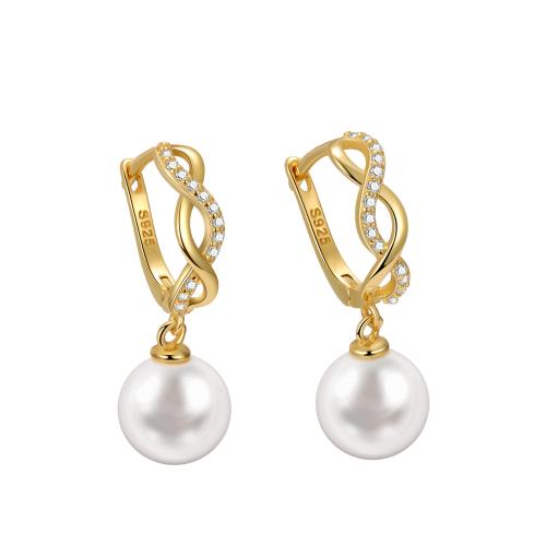 Pendientes de Micro Pavé de Zirconía Cúbica en Plata de Ley, plata de ley 925, con Shell Pearl, micro arcilla de zirconia cúbica & para mujer, dorado, 24x8mm, Vendido por Par