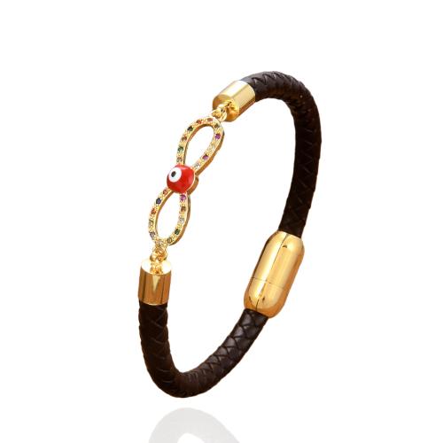 Lædersnor armbånd, 304 rustfrit stål, med lædersnor & Messing, forgyldt, Unisex & Micro Pave cubic zirconia & emalje, flere farver til valg, Længde Ca. 21 cm, Solgt af PC