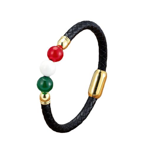 Leather Cord Bracelet 304 Stainless Steel with leather cord & Gemstone plated Unisex Length Approx 21 cm Sold By PC