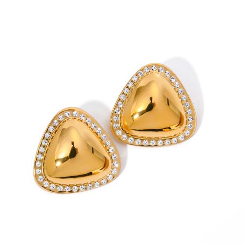 Boucle d'oreille de gaujon en acier inoxydable, Acier inoxydable 304, triangle, Plaqué or 18K, bijoux de mode & pour femme & avec strass, doré, 26.50x26.50mm, Vendu par paire