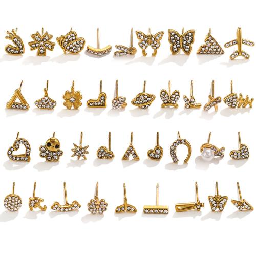 Roestvrij staal Stud Earrings, 304 roestvrij staal, verschillende stijlen voor de keuze & voor vrouw & met strass, gouden, 5paren/Bag, Verkocht door Bag