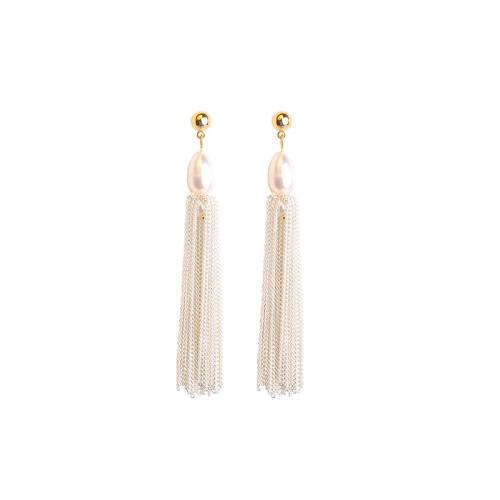 Fashion Fringe Earrings Brass with Freshwater Pearl 18K gold plated fashion jewelry & for woman 68mm Sold By Pair