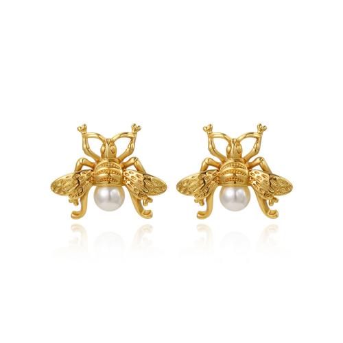 Roestvrij staal Stud Earrings, 304 roestvrij staal, met Plastic Pearl, Honingbij, plated, voor vrouw, gouden, Verkocht door pair