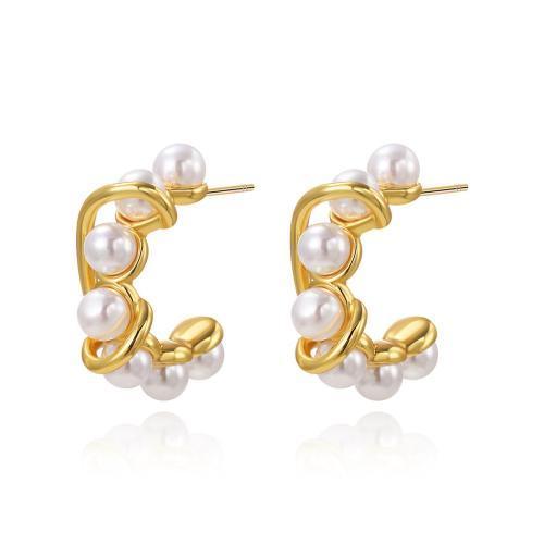 Roestvrij staal Stud Earrings, 304 roestvrij staal, met Plastic Pearl, plated, voor vrouw, gouden, Verkocht door pair