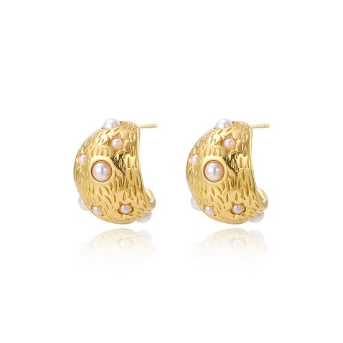 Roestvrij staal Stud Earrings, 304 roestvrij staal, met Plastic Pearl, plated, voor vrouw, gouden, Verkocht door pair