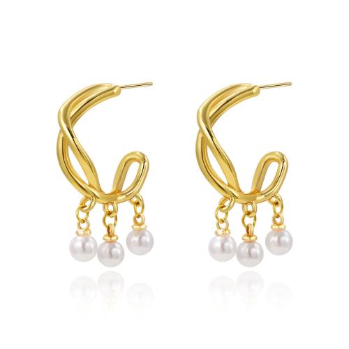 Roestvrij staal Stud Earrings, 304 roestvrij staal, met Plastic Pearl, plated, voor vrouw, gouden, Verkocht door pair