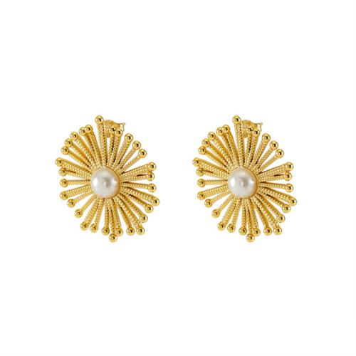 Roestvrij staal Stud Earrings, 304 roestvrij staal, met Plastic Pearl, 18K verguld, mode sieraden & voor vrouw, gouden, 32x32mm, Verkocht door pair