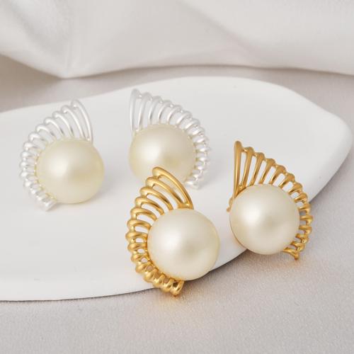 Messing oorbelknoppen, Zinc Alloy, met Shell Pearl, plated, mode sieraden, meer kleuren voor de keuze, nikkel, lood en cadmium vrij, 16x30mm, Verkocht door pair