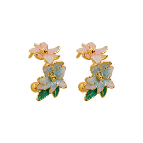 Pendientes de Perno en Latón, metal, Flor de Lis, 18K chapado en oro, Joyería & para mujer & esmalte, multicolor, 25x16mm, Vendido por Par