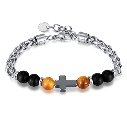 Titanium stål armbånd, med Tiger Eye, forgyldt, for mennesket, oprindelige farve, Solgt af PC