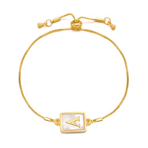 Bracelets en laiton, avec coquille, rectangle, Placage de couleur d'or, bijoux de mode & lettres sont de A à Z & réglable & pour femme & lumineux, plus de couleurs à choisir, protéger l'environnement, sans nickel, plomb et cadmium, 15x12mm, Longueur Environ 16-22 cm, Vendu par PC