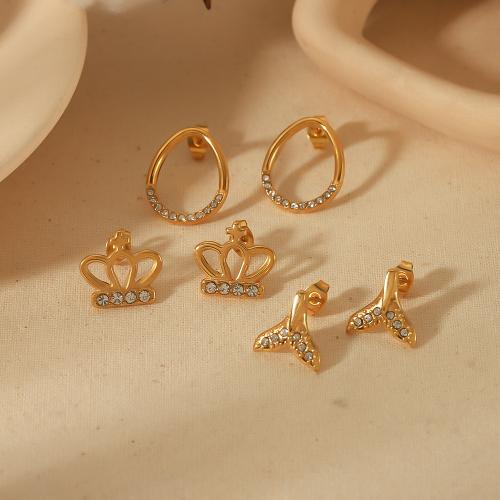 Roestvrij staal Stud Earrings, 304 roestvrij staal, gold plated, mode sieraden & verschillende ontwerpen voor de keuze & met strass, gouden, Verkocht door pair