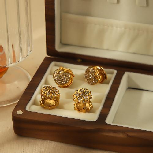 Stainless Steel Stud Earrings 304 Stainless Steel gold color plated fashion jewelry & with rhinestone golden Sold By Pair