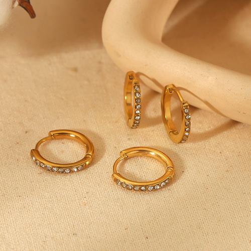 Stainless Steel Stud Earrings 304 Stainless Steel gold color plated fashion jewelry & with rhinestone golden Sold By Pair