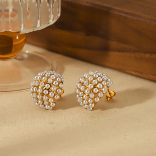 Rostfritt stål Stud Örhängen, 304 rostfritt stål, med Plast Pearl, guldfärg pläterade, mode smycken, gyllene, 20.50x22mm, Säljs av Par