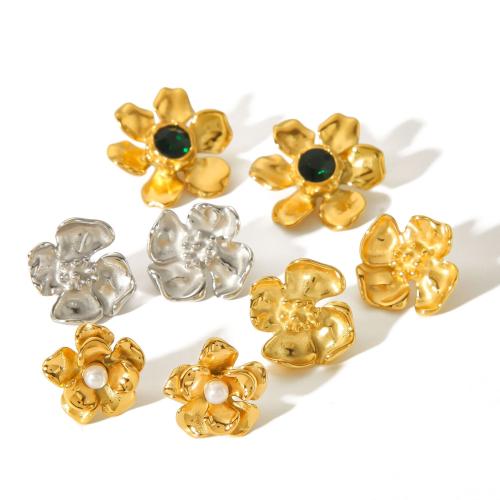 Roestvrij staal Stud Earrings, 304 roestvrij staal, met Plastic Pearl, Bloem, gold plated, mode sieraden & verschillende ontwerpen voor de keuze & met strass, gouden, Verkocht door pair