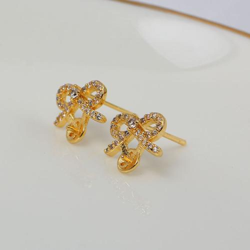 Messing Øreringe Indlæg, Bowknot, ægte forgyldt, du kan DIY & Micro Pave cubic zirconia, flere farver til valg, 10x12mm, Solgt af par