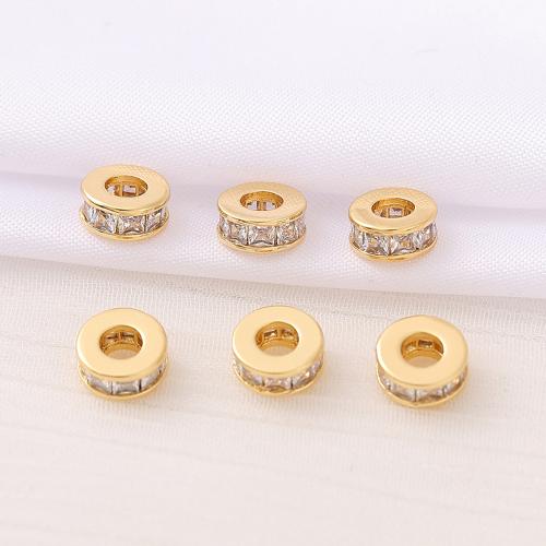 Grânulos de espaçador latão, cobre, banhado a ouro genuino, DIY & micro pavimento em zircônia cúbica, dourado, 7x3mm, Buraco:Aprox 3mm, vendido por PC