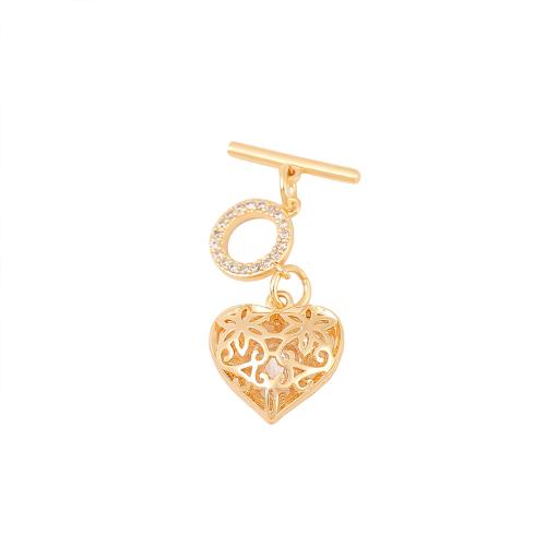 Chiusura Toggle in ottone, Cuore, placcato oro vero, DIY & Micro spianare cubic zirconia, dorato, Venduto da PC