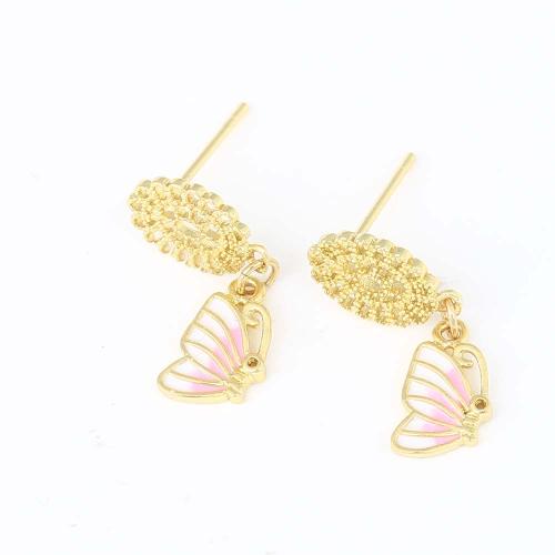 Pendientes de Gota en Latón, metal, Mariposa, chapado en color dorado, para mujer & esmalte, Rosado, libre de níquel, plomo & cadmio, 22x7.40x1.30mm, Vendido por Par