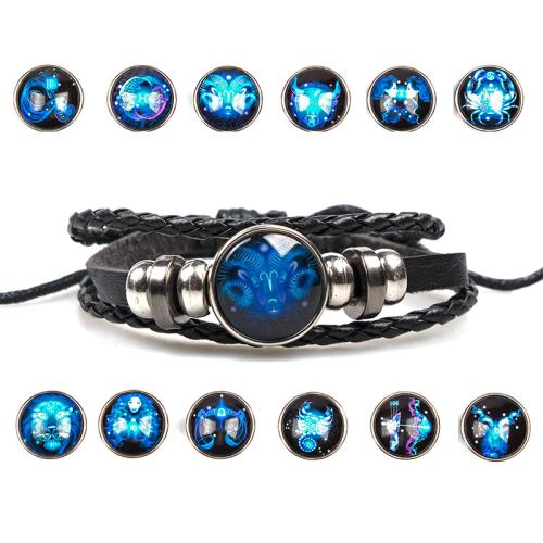 PU Armband, met Glas & Zinc Alloy, 12 Tekens van de Dierenriem, punk stijl & uniseks & gevlochten & verschillende ontwerpen voor de keuze, Lengte Ca 7-10.5 inch, Verkocht door PC