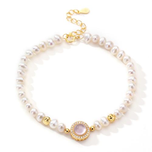 Argento Bracciali, 925 sterline d'argento, with perla d'acquadolce coltivata naturalmente & quarzo rosa, with 4cm extender chain, gioielli di moda & per la donna, Lunghezza Appross. 16.5 cm, Venduto da PC