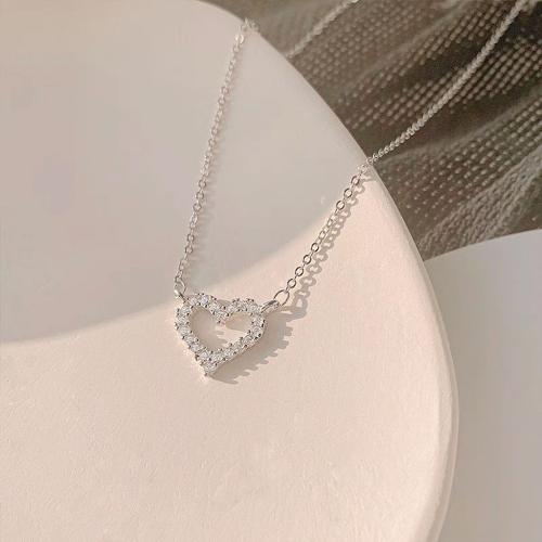 Kubieke Zircon Micro effenen Sterling zilveren ketting, 925 sterling zilver, Hart, mode sieraden & micro pave zirconia & voor vrouw, Lengte Ca 45 cm, Verkocht door PC