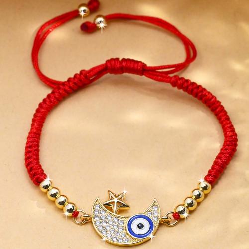 Evil Eye sieraden Armband, Knoopkoord, met Messing, Maan en Ster, gold plated, mode sieraden & verstelbaar & micro pave zirconia & voor vrouw, Lengte Ca 15-24 cm, Verkocht door PC