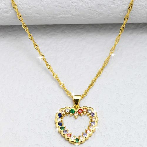 Circón cúbico Micro pavimentar collar de cobre amarillo, metal, Corazón, chapado en color dorado, Joyería & micro arcilla de zirconia cúbica & para mujer, libre de níquel, plomo & cadmio, longitud aproximado 44 cm, Vendido por UD