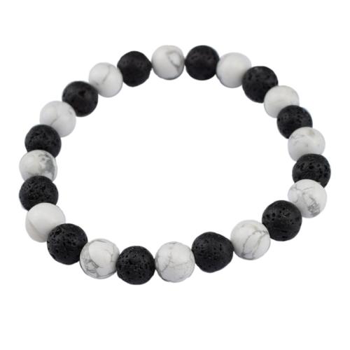 Bráisléid gemstone, Magnesite, le Lava, snasta, unisex, bán agus dubh, Fad 16 cm, Díolta De réir PC