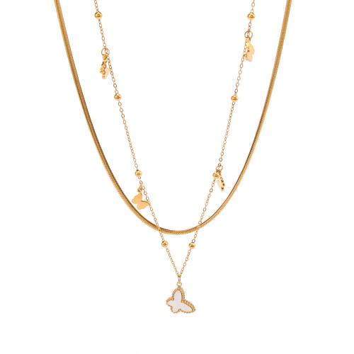 Acier titane collier, avec coquille blanche, avec 2inch chaînes de rallonge, papillon, Plaqué or 18K, Double couche & pavé de micro zircon & pour femme, Longueur Environ 15.7 pouce, Environ 15 pouce, Vendu par PC