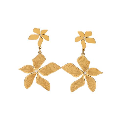 304 rustfrit stål Drop Earring, Flower, 18K forgyldt, for kvinde & med rhinestone, 23x27mm, Solgt af par