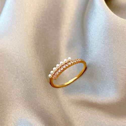 Brass Finger Ring with Plastic Pearl fashion jewelry & for woman & with rhinestone gold mm Sold By PC