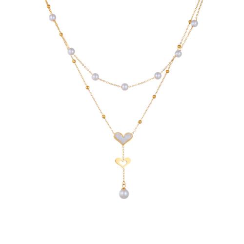 Acier titane collier, avec coquille blanche & perle de plastique, avec 2inch chaînes de rallonge, coeur, Placage de couleur d'or, Double couche & pour femme, Longueur Environ 15.7 pouce, Vendu par PC