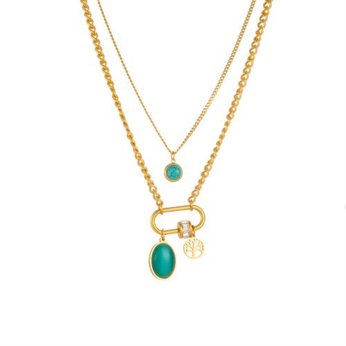 Titantium acciaio collana, with turchese & occhi di gatto & bianco conchiglia, with 1.96inch extender chain, placcato color oro, Doppio strato & stili diversi per la scelta & per la donna & con strass, Lunghezza Appross. 16.53 pollice, Venduto da PC