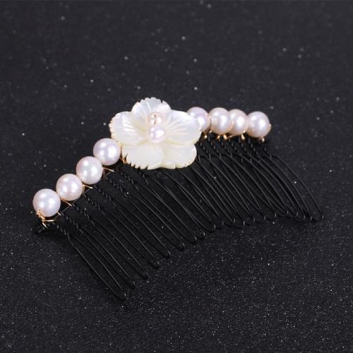 Dekoratív Hair Combs, ABS műanyag gyöngy, -val Fehér ajakrúzs & Cink ötvözet, a nő, fekete, Pearls 6.5mm-7.5mm, Által értékesített PC