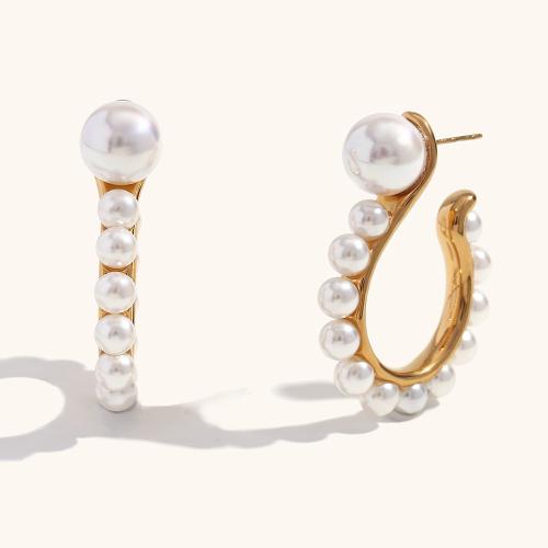 Roestvrij staal Stud Earrings, 304 roestvrij staal, met Plastic Pearl, 18K verguld, mode sieraden & voor vrouw, gouden, 43.90mm, Verkocht door pair