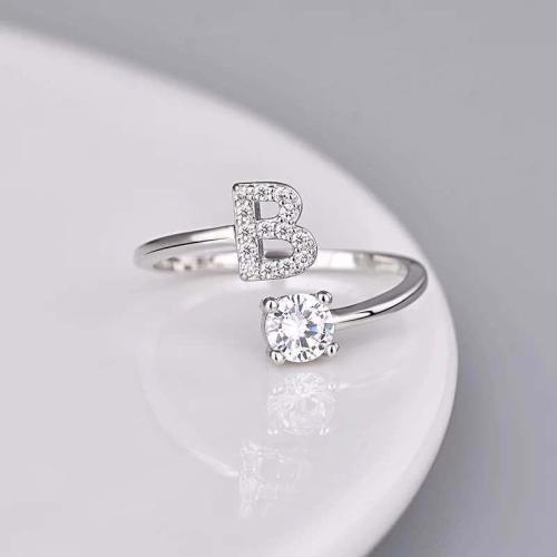 Sinc Alloy Finger Ring, plátáilte, Tá litreacha ó A go Z & unisex & stíleanna éagsúla do rogha & micrea réiteach zirconia ciúbach, airgid, Díolta De réir PC